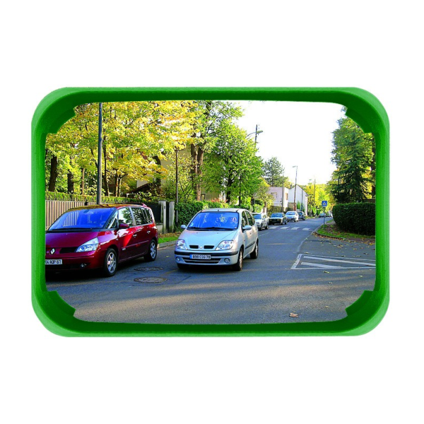 Espejo de seguridad rectangular con marco verde para exterior